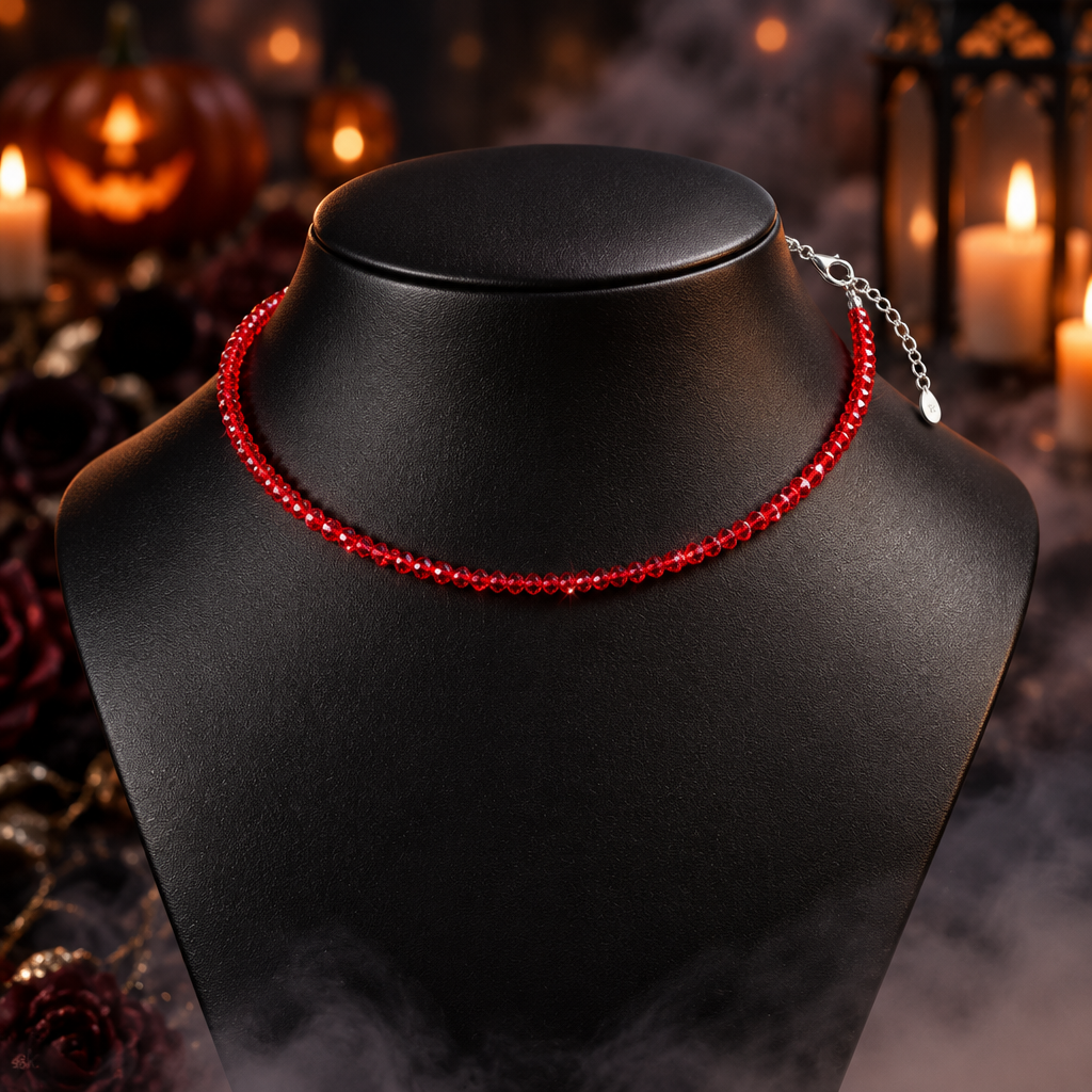 Dainty Deep Red Faceted Bead Choker Necklace, Adjustable Silver Chain, Gothic Vampire Halloween Jewelry Gift for Her & Him