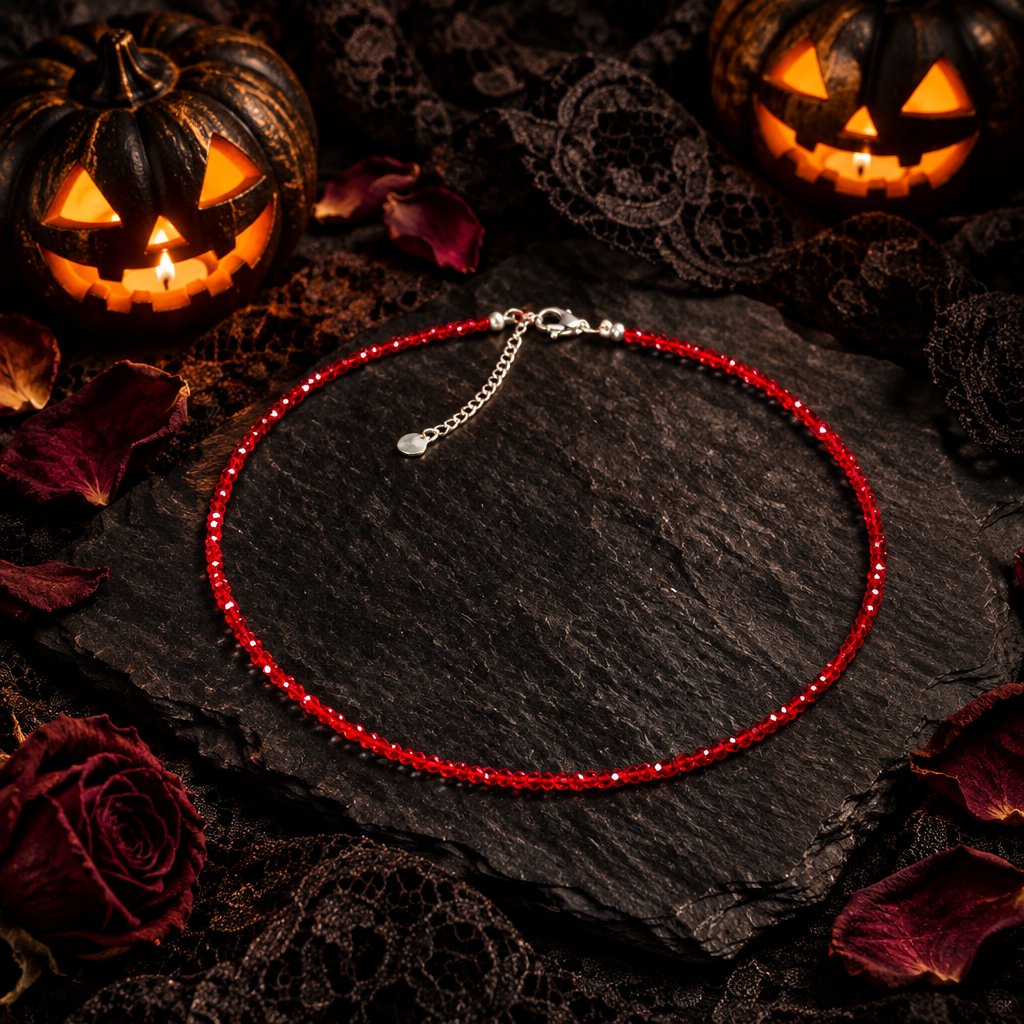 Dainty Deep Red Faceted Bead Choker Necklace, Adjustable Silver Chain, Gothic Vampire Halloween Jewelry Gift for Her & Him