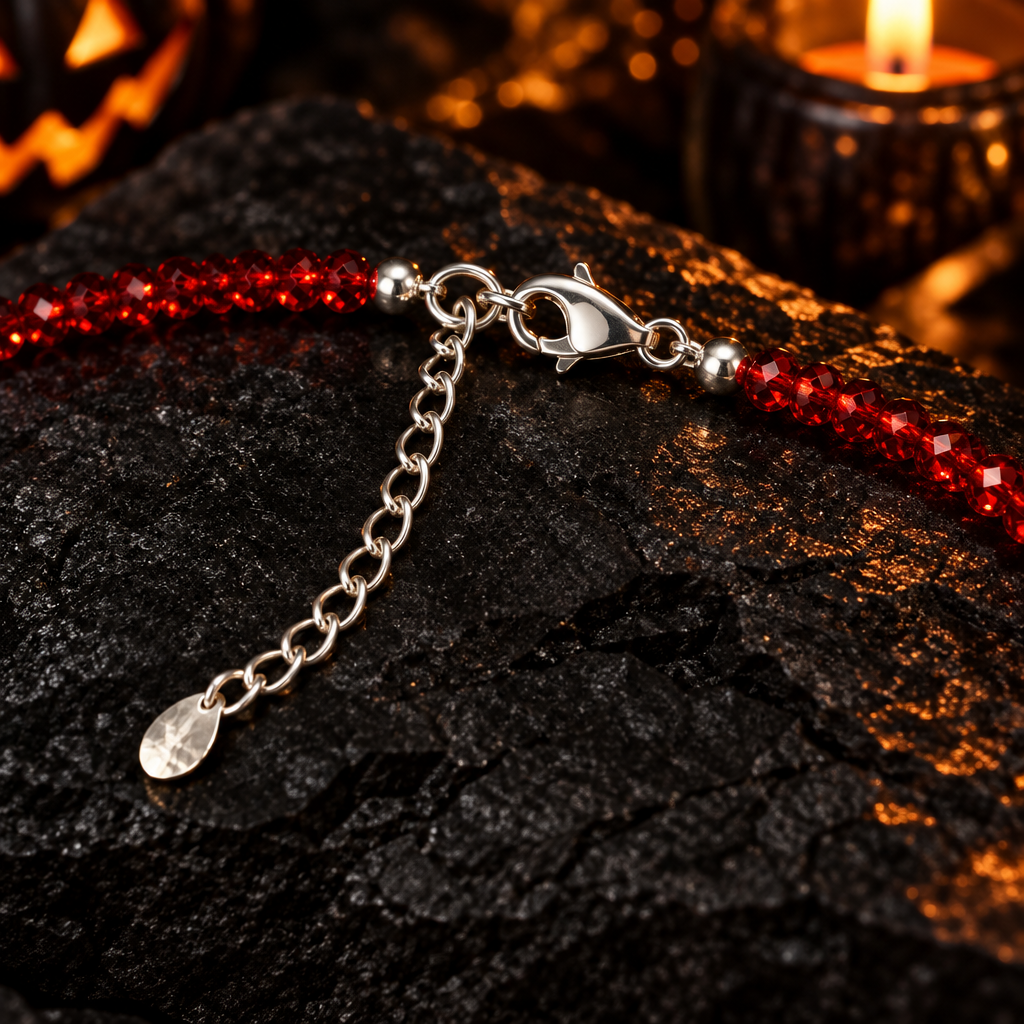 Dainty Deep Red Faceted Bead Choker Necklace, Adjustable Silver Chain, Gothic Vampire Halloween Jewelry Gift for Her & Him