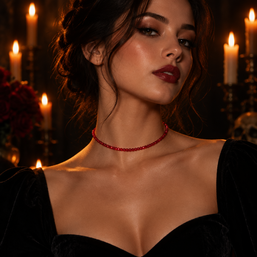 Dainty Deep Red Faceted Bead Choker Necklace, Adjustable Silver Chain, Gothic Vampire Halloween Jewelry Gift for Her & Him