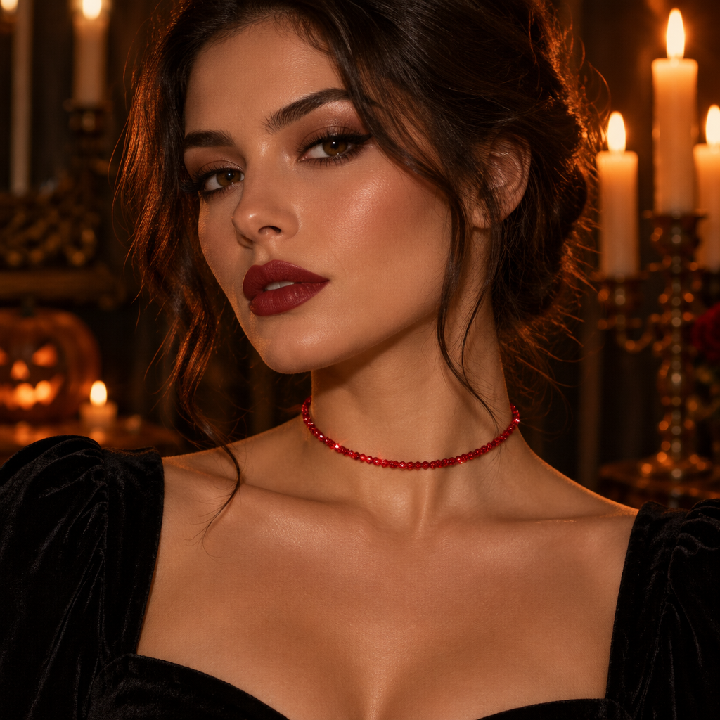 Dainty Deep Red Faceted Bead Choker Necklace, Adjustable Silver Chain, Gothic Vampire Halloween Jewelry Gift for Her & Him